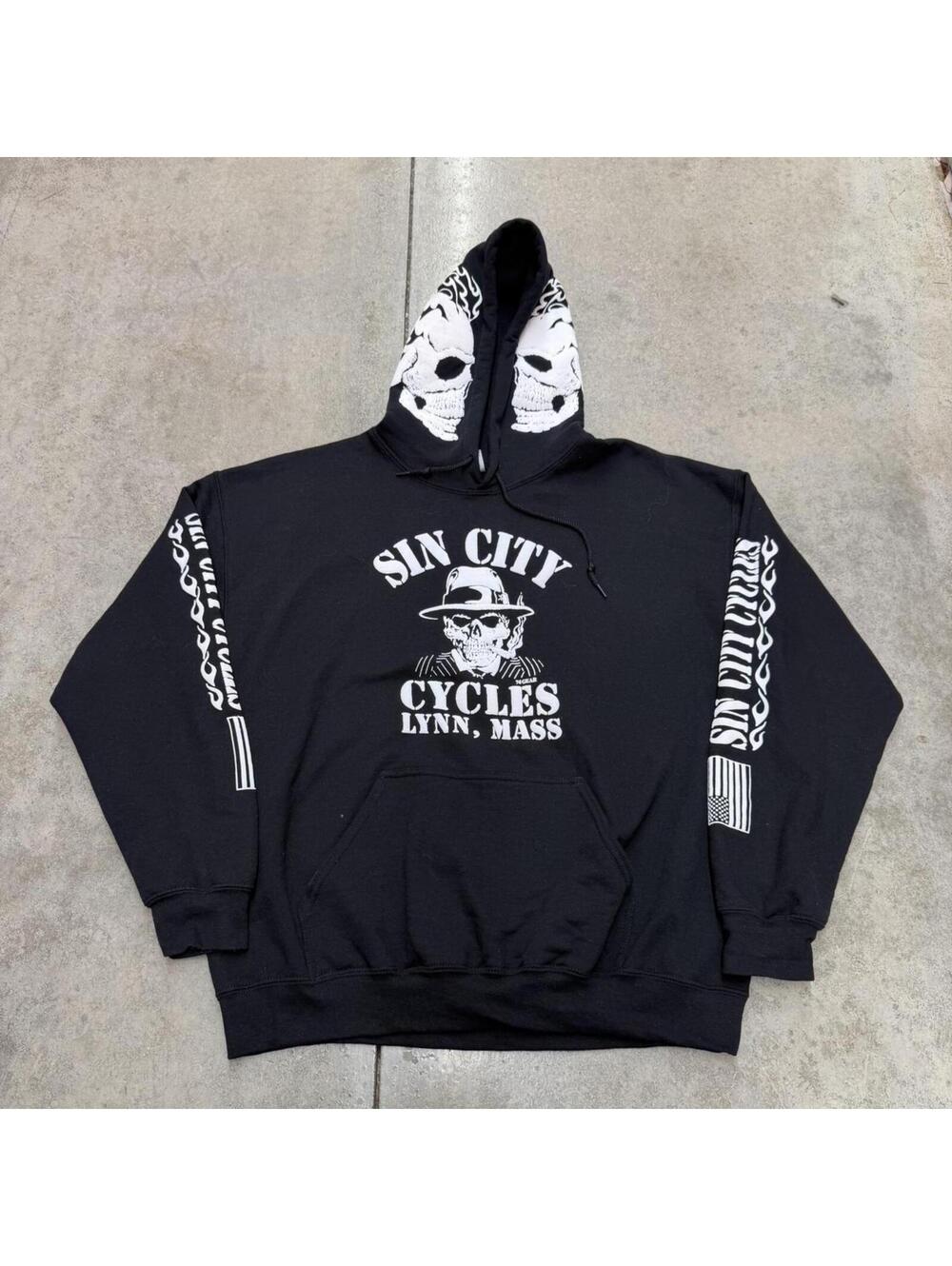vintage sin city cycles black flame puff print biker hoodie size large